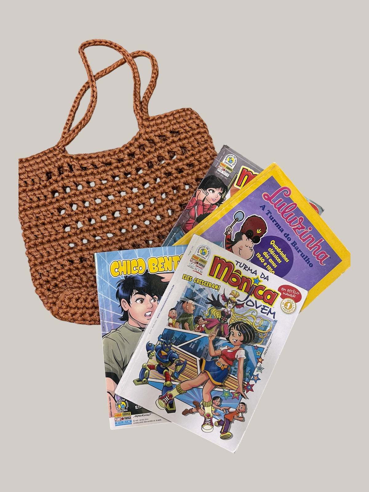 Kit Bolsa + 4 Gibis: Turma da Monica + Luluzinha + Bolsa Crochê
