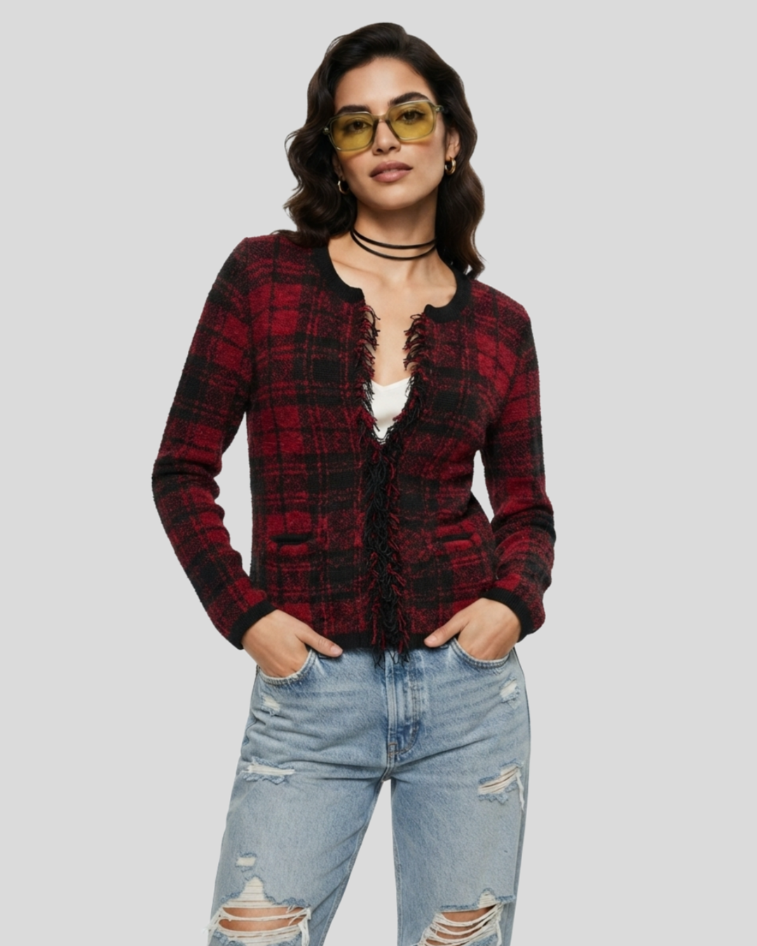 Cardigan Vinho Xadrez  —  tam M